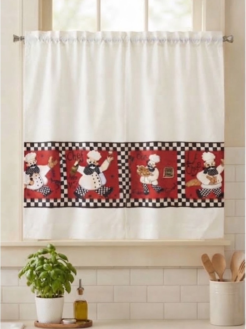 French Fat Chef Kitchen Curtain 1pc  Fabric Window  Italian Cafe  Wine Serving
